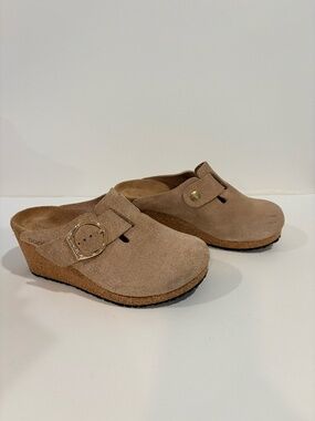 Birkenstock Papillio Fanny Taupe Suede Wedge Clogs 36 US 5-5.5